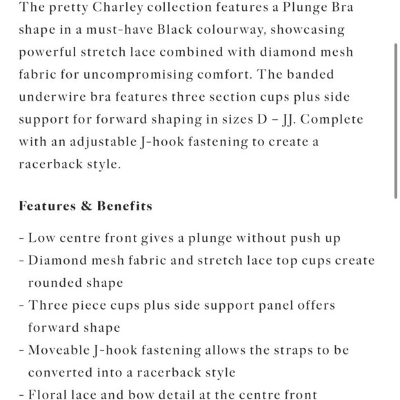 44DD- NWT Charley Plunge‎ J-Hook Bra Stretch Lace Underwire Mesh Black Bra - Picture 3 of 10